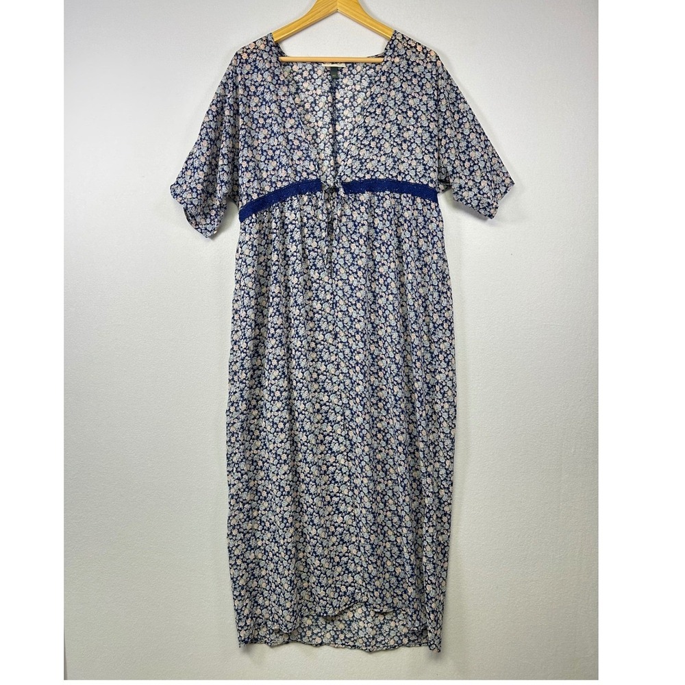 Cottagecore Alredine Women M/L Blue Floral Tie Front Crochet Lace Duster Dress